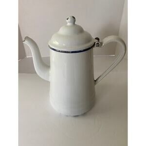 Vintage White Enamel Coffee Pot with Blue Trim